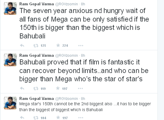 RGV tweets on Baahubali, RGV tweets on Chiru 150th film