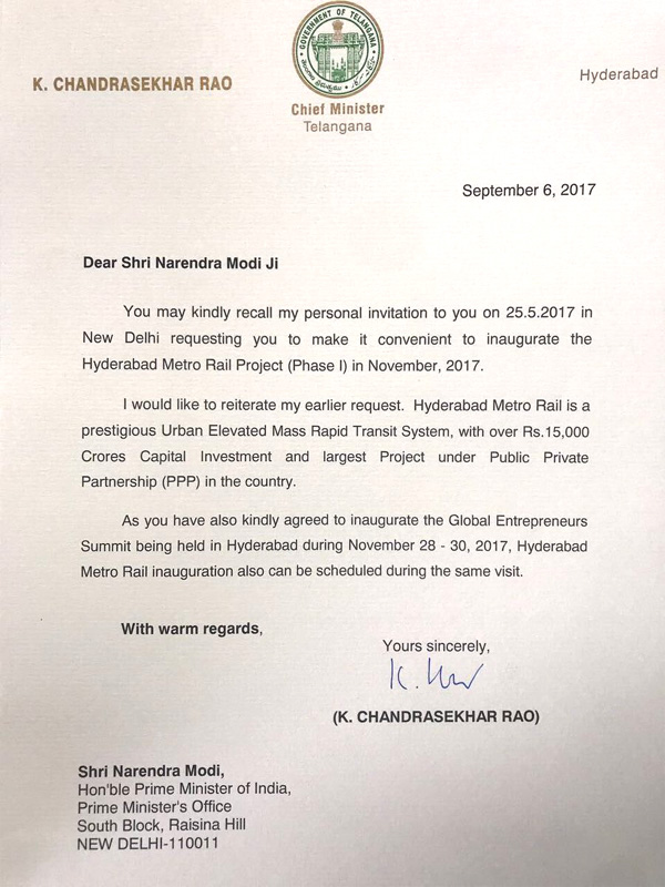 KCR Hyderabad Metro Invitation Letter To Modi