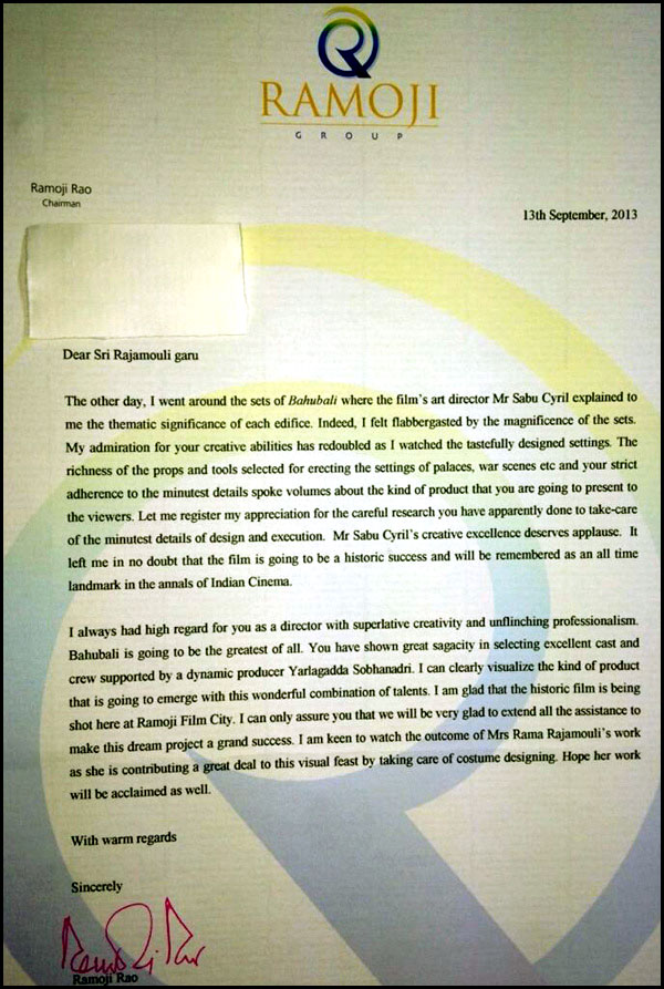 Ramoji Rao letter to Rajamouli