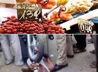 Policeman runs bike over fruit vendor&#039;s chest