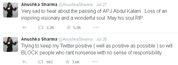 Anushka tweets about Abdul Kalam