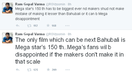 RGV Tweets on Baahubali, Chiru 150th film, RGV Tweets