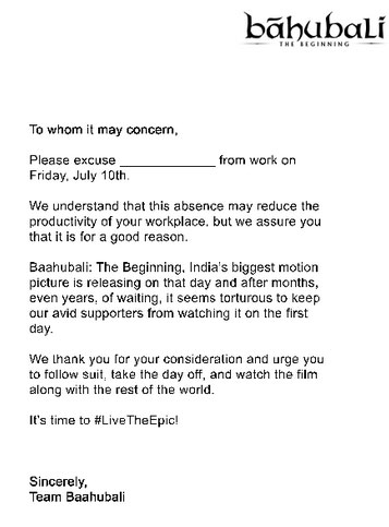 Baahubali leave letter