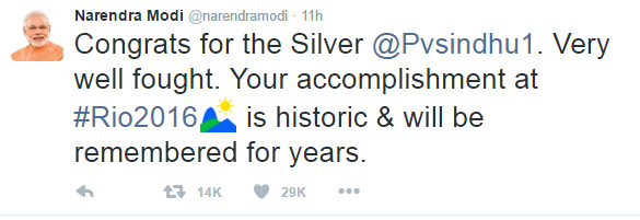 Narendra Modi Tweets on PV Sindhu Silver