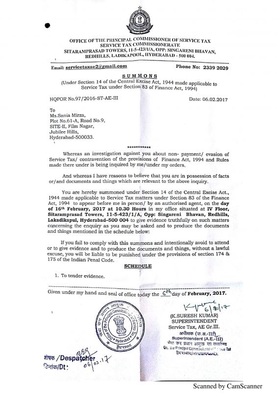 Service Tax Department Notice to Sania Mirza Photo