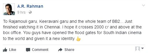 AR Rahman Baahubali 2 Facebook Post