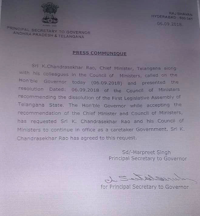 Governor Approved Telangana Assembly Dissolution
