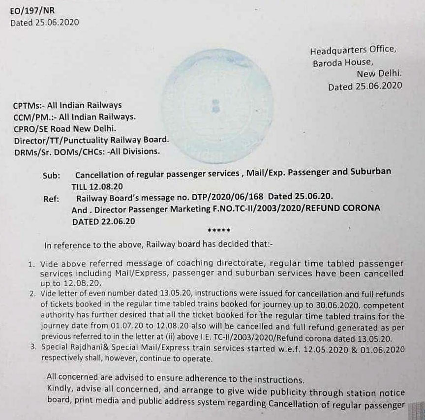 Indian Railways cancels trains letter