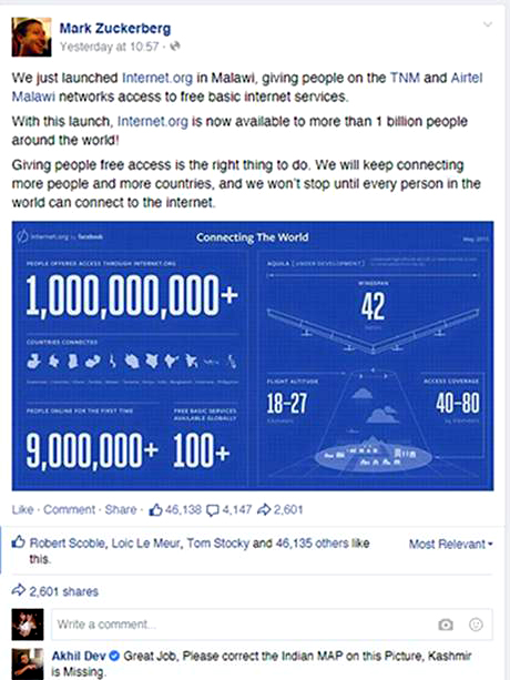 Mark Zuckerberg posts an infographic Indian Map without J K