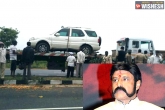 Bangalore Airport, highway, balakrishna escaped unhurt after car accident, Car accident